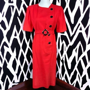 Vintage Leslie Fay 80's Red Black Statement Button Geometric Belt Career Dress M - Picture 1 of 10