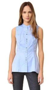 DEREK LAM 10 CROSBY Blue Cotton Sateen Button Up Peplum Shirt Blouse, Size 8 - Picture 1 of 11