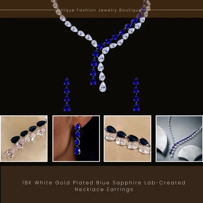 18K White Gold Plated Blue Sapphire Lab-Created Necklace Earrings Elegant Gift - Image 1 of 4