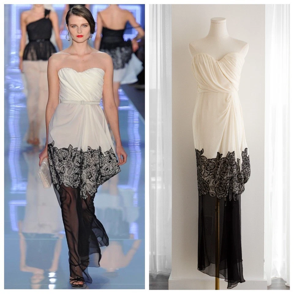 Christian Dior S/S 2012 White Black Rose Embroidered Ruched Evening Dress Gown - Image 1 of 4