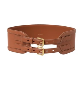 Zimmermann Leather Belt 90 |Double Buckle, Tan/Brown, Wide, Waist, Leather, Gold - Picture 1 of 3