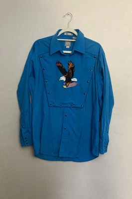 ROCK CREEK RANCH Western Pearl Snap Bib Shirt Eagle Blue Large Embroidered - Image 1 of 4