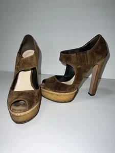 Prada Suede Olive Green Peep Toe Heels 36 1/2 Made In Italy - Picture 1 of 11