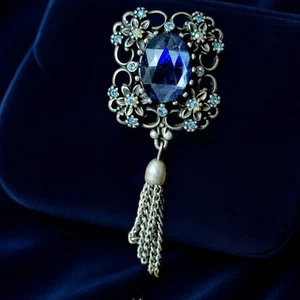 Statement Hobe blaue Glas Brosche alt Hollywood Blumen filigran Tropfen Quaste Glam - Bild 1 von 10