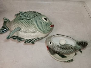 Vtg MCM Majolica Fish Tureen Faiancas BELO Portugal Food Servers 1950s SET OF 2 - Picture 1 of 24