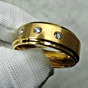 TUNGSTEN CARBIDE Gold Plated Matte RING with Three CZ, size 13 - in Gift Box - Picture 1 of 3