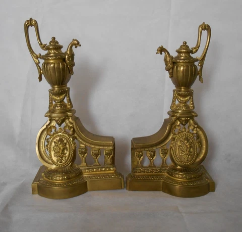 Antique French Gilded Bronze Andirons, Dolphin’s head Trophy, Shield, Flowers Cover