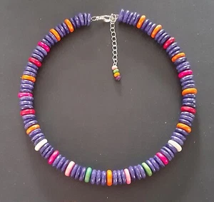 NECKLACE/CHOKER SUMMER FESTIVAL BOHO PURPLE/MULTI WOODEN BEADS HAND THREADED - Picture 1 of 1