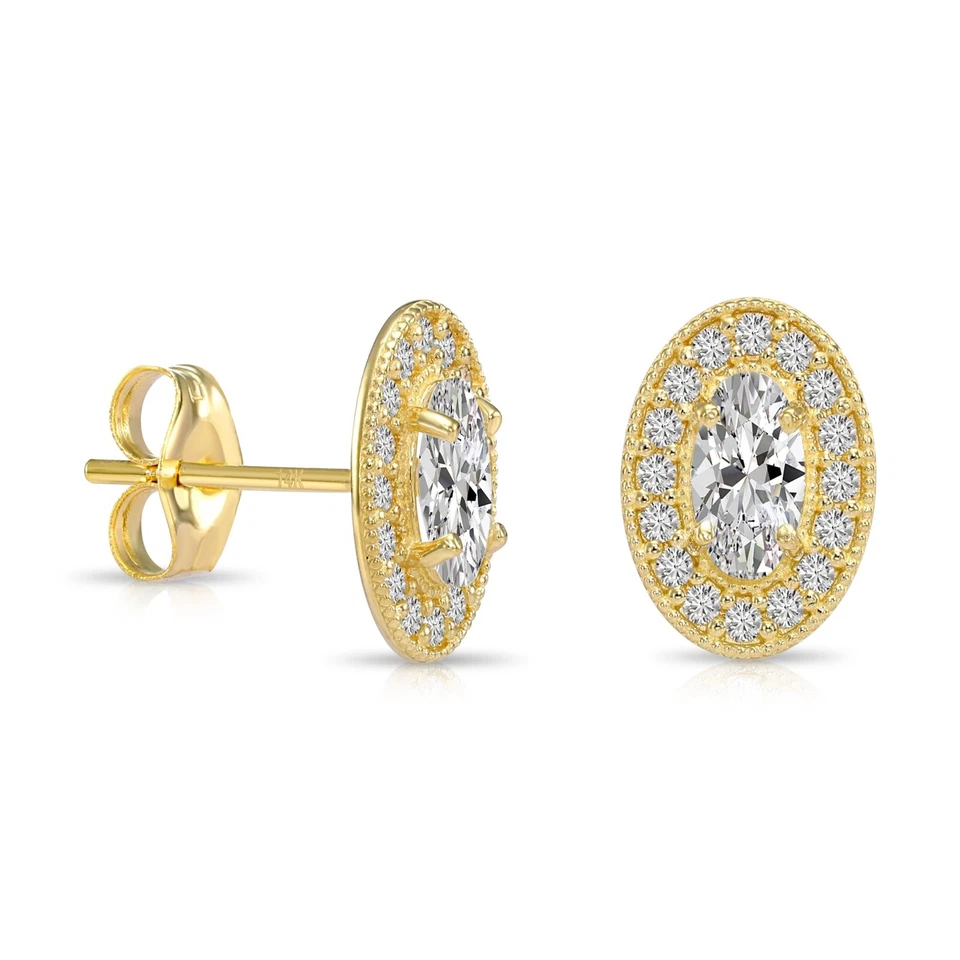 Aretes para dormir de circonita cúbica con halo de forma ovalada de oro amarillo macizo real de 14K Foto 1 de 4