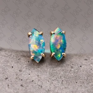 Dainty Marquise-Cut Australian Doublet Opal Stud Earrings 18K Yellow Gold - Picture 1 of 6