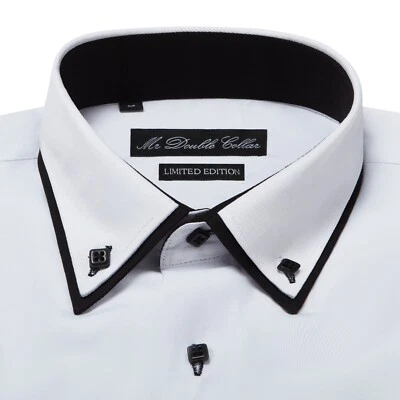 Camicia Italiana Elegante Da Uomo Bianco E Nero Con Collo Doppio E Bottoni - Immagine 1 di 2