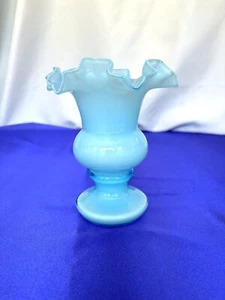 Vintage Fenton Blue Cased Overlay Crimped Ruffle 6.25" Vase - Picture 1 of 5