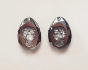 PAIR VINTAGE HEMATITE GLASS LADY HEADBAND 20mm DROP INTAGLIO CAMEO PENDANTS 1014 - Picture 1 of 3