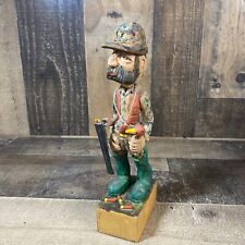 Vintage WOOD CARVED FIGURE OF A DUCK HUNTER WITH DUCK CALL SHOT GUN WADERS 9 IN