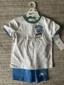 Nike Toddler Boy 2 Piece Set~Speckled White Shirt~ Blue Shorts~Size 5 - Picture 1 of 3