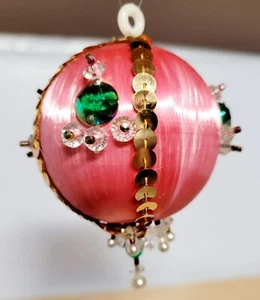Vintage Styrofoam Satin Colorful Bead Covered Pink Christmas Ball Ornament - Picture 1 of 2