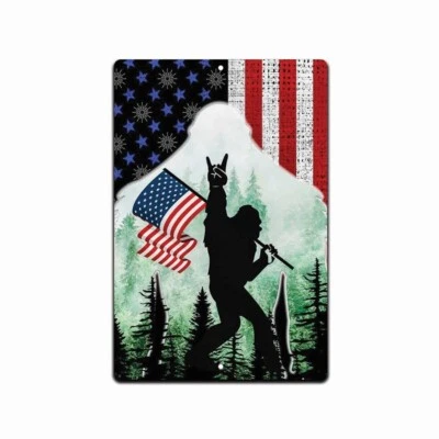 Sasquatch Bigfoot Rock On Flag Funny home room wall art gift decor 8x12 Tin Sign - Image 1 of 4