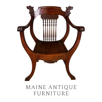 Antique Oak Lionhead Saddle Seat Arm Chair, 1900s #22486 - Image 1 of 4