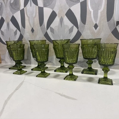 Juego de 8 copas Indiana Glass Mount Vernon base de pedestal cuadrada verde 12 OZ y 4 OZ Foto 1 de 4