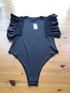 BNWT New Look Size 18 Black Bodysuit Ribbed Frill Short Sleeves High Neck  - Picture 1 of 5