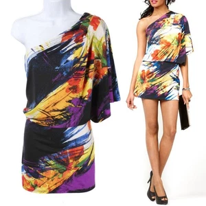 JESSICA SIMPSON Colorful Abstract Pattern 1 Shoulder Banded Bottom Blouson Dress - Picture 1 of 4