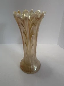 Antique Dugan Pulled Loop Peach Opal Iridescent Carnival Glass Vase 9" - Picture 1 of 4