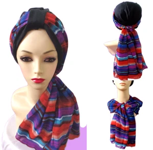 Pretty Black Chemo Cancer Hat Hair Loss.Turban, with Chiffon Scarf  15"W X 57" - Picture 1 of 8