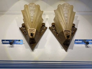 ANTIQUE VINTAGE ART DECO LIGHT FIXTURE SCONCES SLIP SHADE CONSOLIDATED - Picture 1 of 13