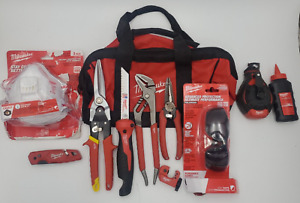 Lot Of 9 Milwaukee Hand Tools- Snips, Hand Saw, Pliers, Utility Knife & Tool Bag