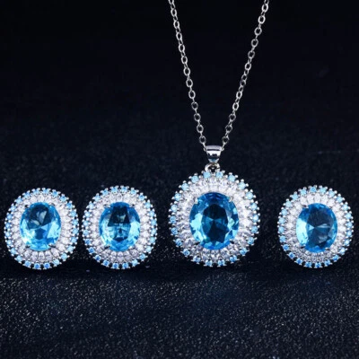 Conjunto de 3 piezas de joyas Titanic océano azul topacio gemas mujer plata collar pendiente anillo Foto 1 de 4