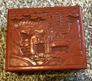 Antique Vintage Chinese Carved Red Cinnabar Jewelry Box Cigarette Box Lacquer - Picture 1 of 9