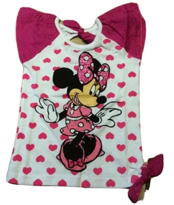 Valentines Disney Minnie Mouse Lace Sleeve Pink Heart Graphic Tee Size 4 5 6 6X - Picture 1 of 5
