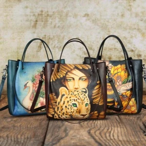 Genuine Leather Purses and Handbags for Women Hand painted Tote Bag Shoulder Bag - Picture 1 of 19
