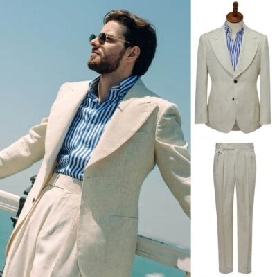 Traje transpirable de lino beige para hombre chaqueta de un solo pecho solapa pico negocios Foto 1 de 4
