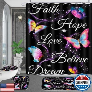 Poedist 4 Pcs Shower Curtain Set,Butterfly Bathroom Set, Flower Shower Curtai - Picture 1 of 5