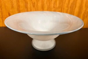 Large PUKEBERG SWEDEN frosted white art glass footed bowl, light blue swirl MCM - Picture 1 of 8