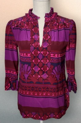 Tory Burch Size 10 Women's Silk Tunic Top Blouse Shirt Purple Pink Geometric - Image 1 of 4