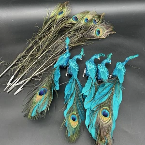 Pluma de 11 pulgadas/aguamarina flocada/pájaro pavo real verde, juegos de 5 pájaros/6 clip pluma - Imagen 1 de 6