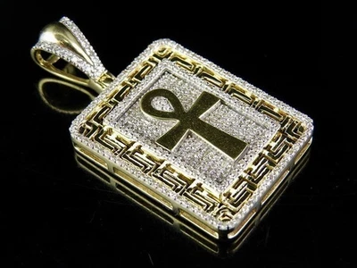 Colgante redondo de 1 quilate de diamantes creados en laboratorio con cruz religiosa de Ankh placa de oro amarillo de 14 k Foto 1 de 4