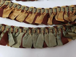 7 YDS RARE ILLUSION 2" RIBBON LOOP FRINGE IN BURGUNDY GREEN GOLD UPHOLSTERY TRIM - Picture 1 of 11