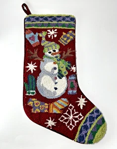 Weihnachtsstrumpf Schneemann mit Fäustlingen Handarbeit Stanznadel Garn rot Samt - Bild 1 von 11