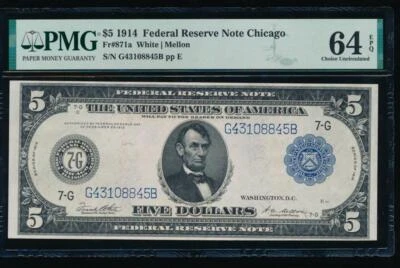 AC Fr 871a 1914 $5 Chicago FRN PMG 64 EPQ - Image 1 of 2