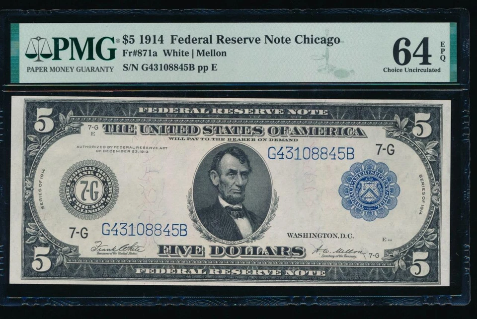 AC Fr 871a 1914 $5 Chicago FRN PMG 64 EPQ - Image 1 of 2