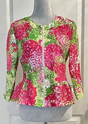 Ruby Rd. Linen Blend Pink/Green Semi Sheer Full Zip Top Shacket Jacket 8 AKA - Image 1 of 4