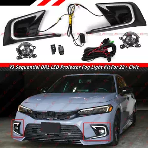 FOR 22-24 CIVIC V3 SEQUENTIAL DRL LED BEZEL COVER + CLEAR PROJECTOR FOG LENS KIT - Picture 1 of 8