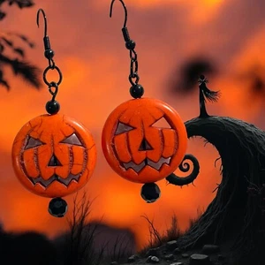 Halloween Earrings Spooky Pumpkins Orange Howlite Jasper Hook Lightweight - Picture 1 of 9