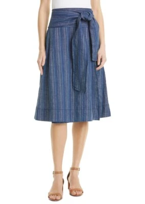 全新 Tory Burch 条纹亚麻绑带 包裹裙 Indigo 亚麻 尺寸 10 #P1906 — 第 1/4 张图片