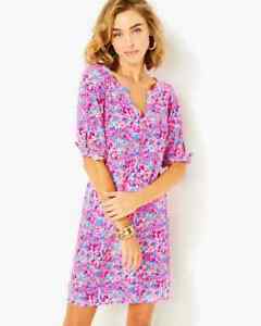 Lilly Pulitzer Easley T-Shirt Dress Floral Printed Notch Neck Cotton Tie New XS
