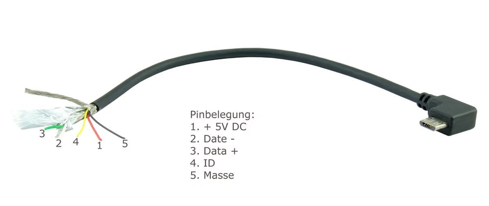 20 cm micro-USB Adapterkabel voll beschaltet mit 5 Pin 90° Winkel-Stecker löten - Bild 1 von 1