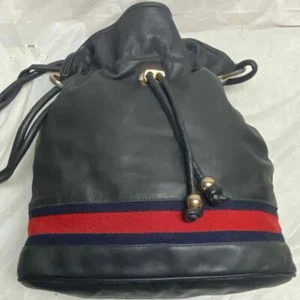 Vintage, Rare, Gucci, Sherry Line Blue-black Drawstring Leather Shoulder Bag - Picture 1 of 12